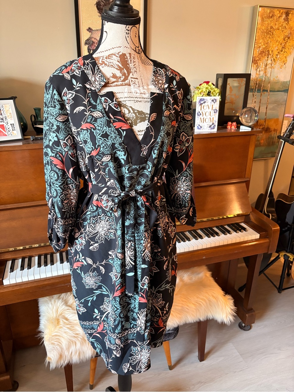 Le Chateau Black Floral Tie-Waist dress with Teal and Coral Accents